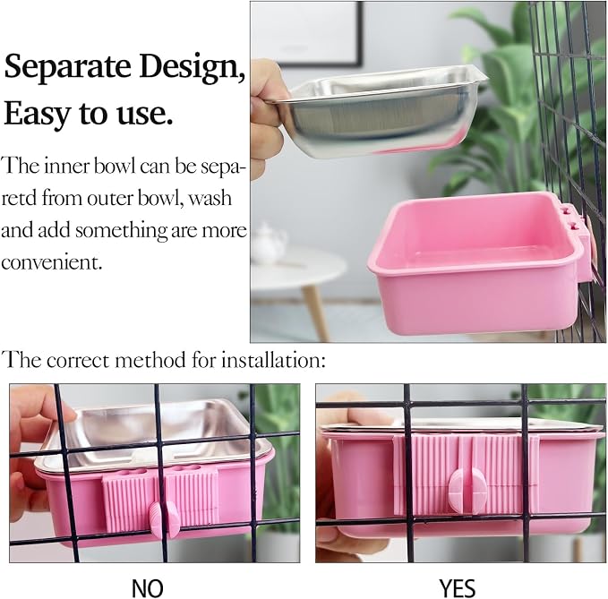 kathson Crate Dog Bowl, Removable Stainless Steel Hanging Pet Kennel Cage Bowl Food & Water Feeder Coop Cup for Puppy, Cat, Rabbit,Guinea Pigs 2pcs Large Square(Blue,Pink) (Pack of 2)