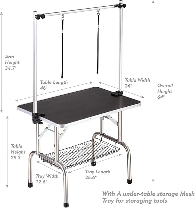 46" Professional Adjustable Pet Grooming Table Heavy Duty with Arm & Nosse & Mesh Tray for Large Dog Cat Shower Table Bath Station, Maximum Capacity Up to 300 LBS (Black 46 inch)