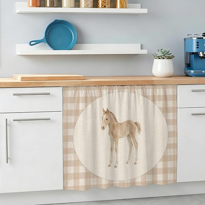Graceful Pony Oven Skirt Curtain for Kitchen Decor 28"x35", Retro Natural Horse Farmhouse Plaid Rustic Self Adhesive Stove Curtains Skirt Cabinet Curtains for Bathroom Laundry Room