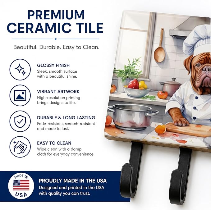 Caroline's Treasures Dogue de Bordeaux The Chef Leash or Key Holder Wall Hooks, Key Hooks Holder, Coat Rack Wall Mount, Coat Hooks, Hooks for Hanging Keys, Towels, Aprons, Leashes | Dogue de Bordeaux The Chef artwork on ceramic tile with three steel ho...