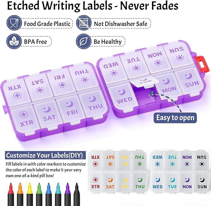Foldable Weekly Pill Organizer 2 Times a Day with 2 Extra Compartments - Etched Labels - Portable 7 Day AM PM Medicine Box, Week Daily Travel Pill Case Holder for Vitamin, Supplement -Clear Purple
