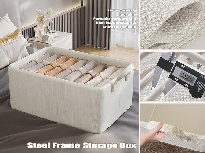 AARAINBOW 4 Pcs Closet Clothes Organizer with Handle, Fabric Storage Box with Steel Frame Stackable Shelf Storage Bins Foldable Fabric Storage Baskets for Organizing Sweater Pants, 23L (B 4 White)