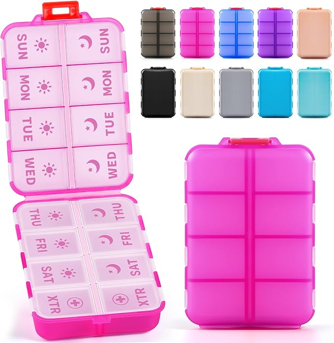 Foldable Weekly Pill Organizer 2 Times a Day with 2 Extra Compartments - Etched Labels - Portable 7 Day AM PM Medicine Box, Week Daily Travel Pill Case Holder for Meds, Vitamin, Supplement -Clear Pink