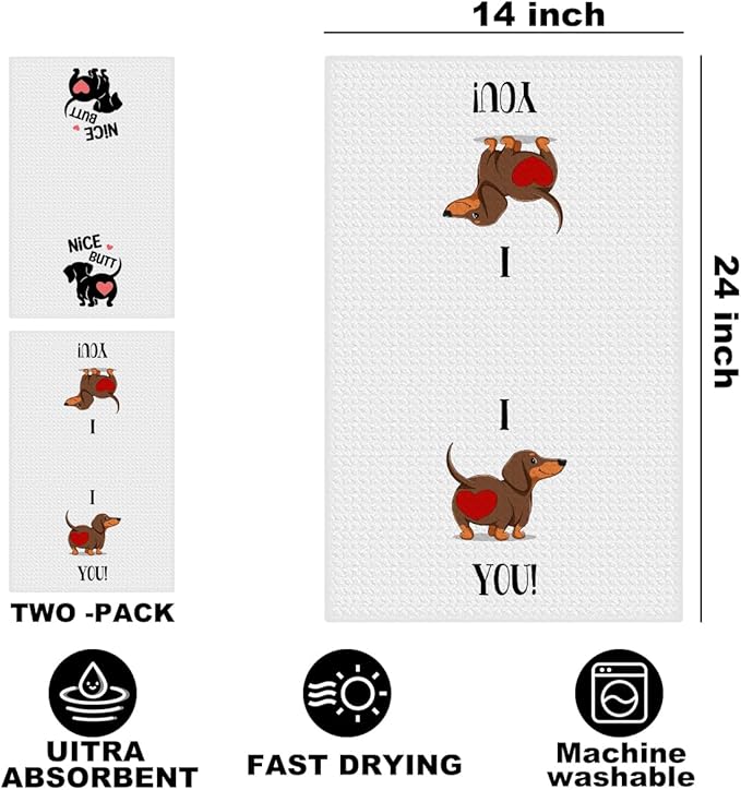 2 Pcs Dachshund Kitchen Towels 24x14 Inch, Dachshund Gifts Reusable Dish Towels for Kitchen Bathroom Decor, Waffle Weave I Love You Hand Cloth Tea Towel, Cute Dog Valentine's Gifts for Girlfriend Wife