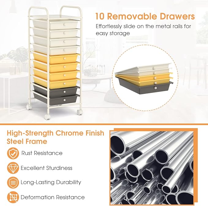 10 Drawer Rolling Storage Cart, Organization Cart with Drawers for Craft Makeup Paper Tool Art Supply, Versatile Utility Cart on Wheels for Home Office Classroom School (Yellow)