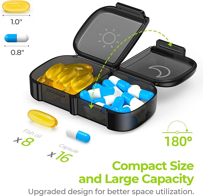 AUVON Weekly Pill Organizer 2 Times a Day, One-Side Large Opening, Easy‑Use | AM PM Pill Case, XL Pill Box 7 Day, Travel Medication Organizer for Medication, Vitamins, Fish Oils, Supplements, Black