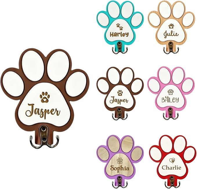Custom Dog Leash Holder with Name, Personalized Wooden Key Rack and Pet Collar Hanger for Wall, Rustic Farmhouse Entryway Organizer, Dog Lover Gift(Coffee)