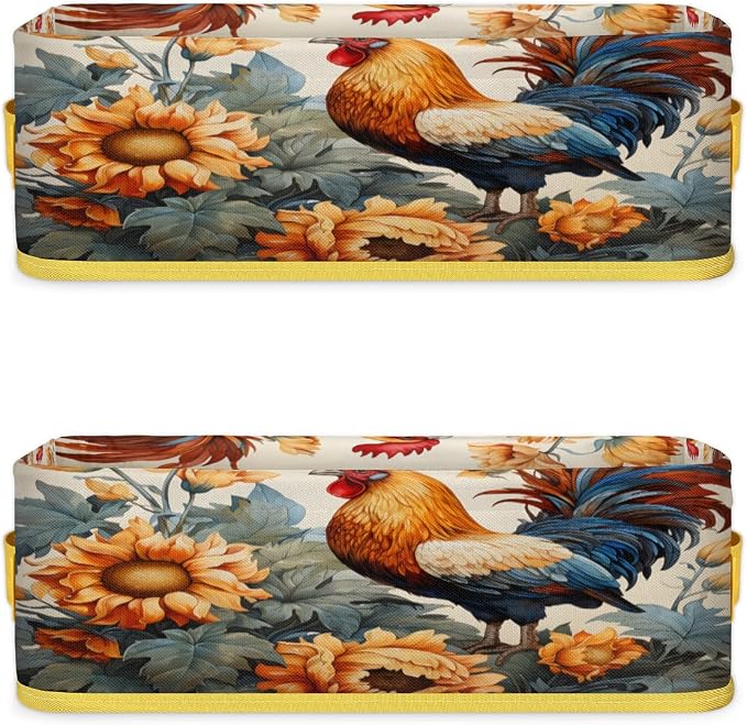 Sunflower Chicken Print Bathroom Storage Basket Waterproof Foldable Storage Bins with Handles Decorative Toilet Paper Storage Basket for Organizing for House Bathroom Toiletries Set of 2