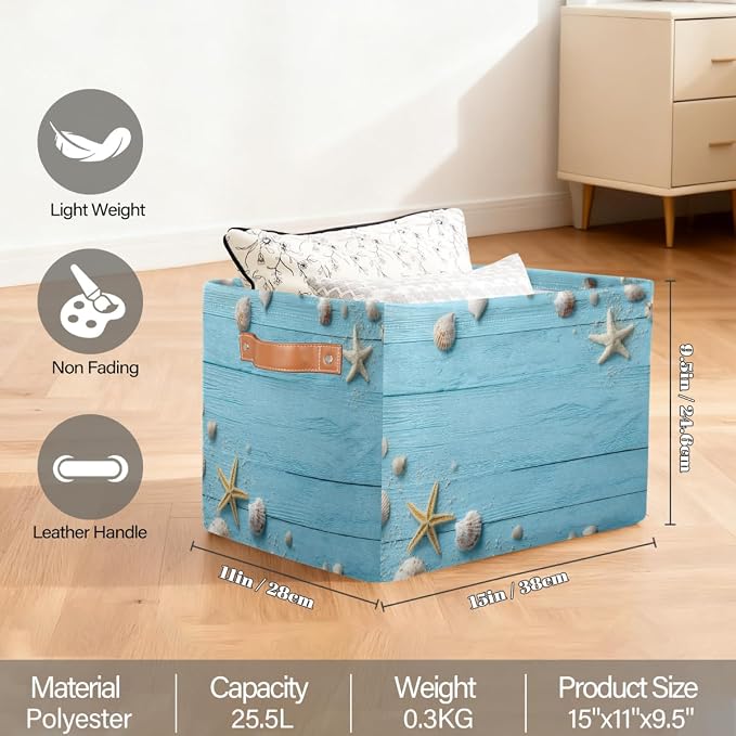 Pardick Storage Baskets Bin, Summer Wood Seashell Starfish Collapsible Canvas Fabric Storage Bin Decorative Baskets Toy Organizer Rectangle Storage Boxes with handles for Home Shelves Nursery,A-6