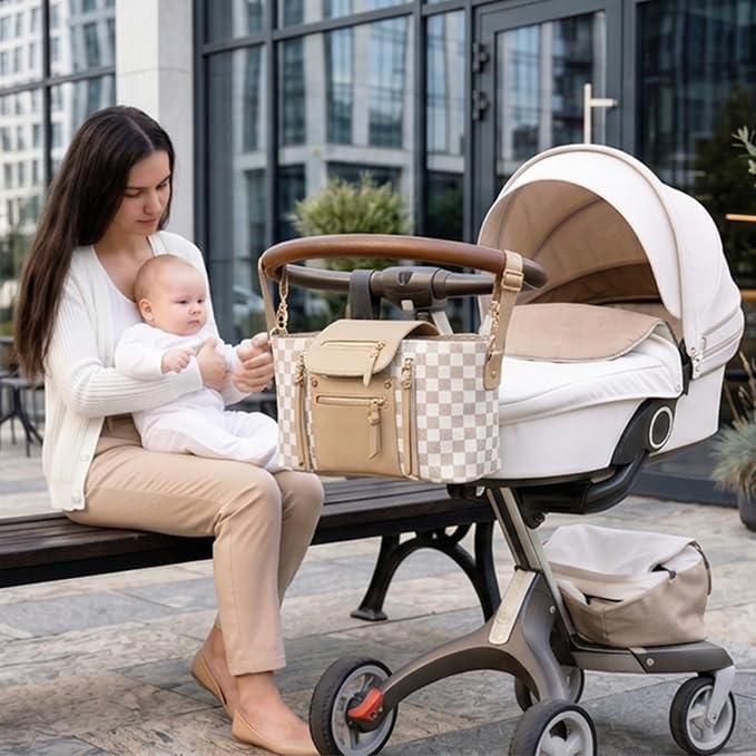 miss fong Checkered Stroller Caddy with Insulated Cup Holder Universal Stroller Organizer Bag Baby Storage Bag with Adjustable Strap, Fits for Baby Carriage like Uppababy, Baby Jogger, Umbrella