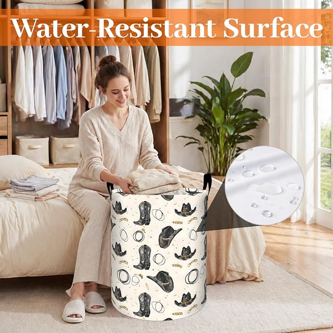 Western Cowboy Laundry Basket, Boot Black Hat Rope Oxford Cloth Dirty Clothes Collapsible Hamper for Room Decor, Rustic Gifts, Toy Organizer 19.7 x 15.7 Inches for Bedroom Bathroom Dorm