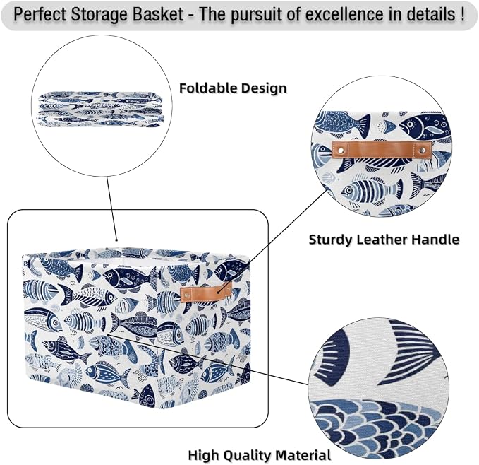 Ethnic Sea Fish Rectangular Storage Bin Collapsible Storage Basket Organizer Boxes with Leather Handle Storage Cube for Shelves Toy Laundry Nursery 2 PC
