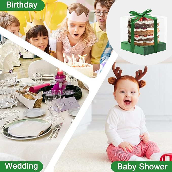 12 PCS Clear Cupcake Boxes 3.5 Inch Cupcake Containers (Green) | Disposable Cupcake Carrier Plastic Individual Cupcake Storage Holder with Ribbons and Inserts for Wedding, Birthday Party
