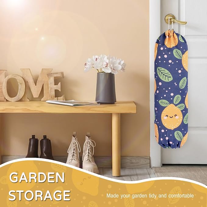 Plastic Bag Holder, Reusable Grocery Bag Holder for Plastic Bags Groceries Store, Flower Canvas Trash Plastic Bag Organizer Storage Holders for Home Kitchen Pantry Decor (Blue Lemon)