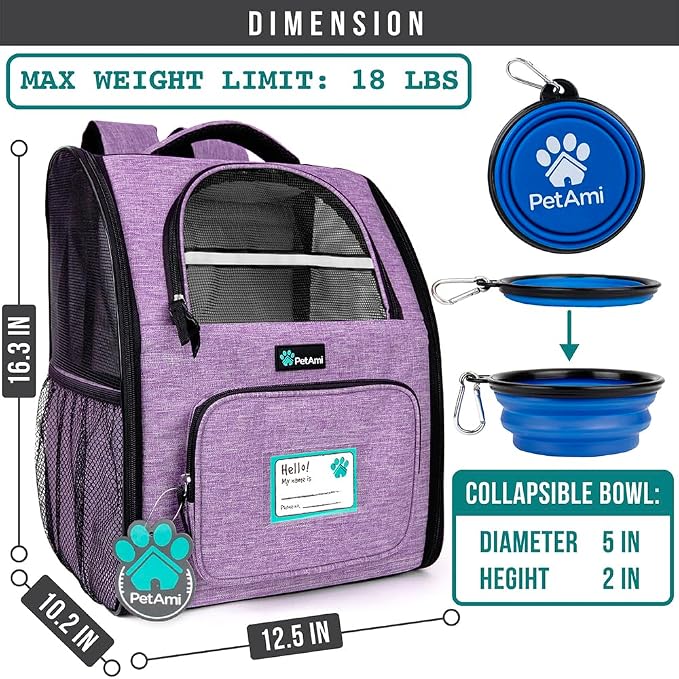 PetAmi Dog Backpack Carrier Airline Approved Cat Pet Puppy Bag, Purple | Ideal for Small Medium Large Pet up to 18 lb, 2 Side Entry Structured No-Collapse Frame, Ventilated Bookbag for Hiking Travel