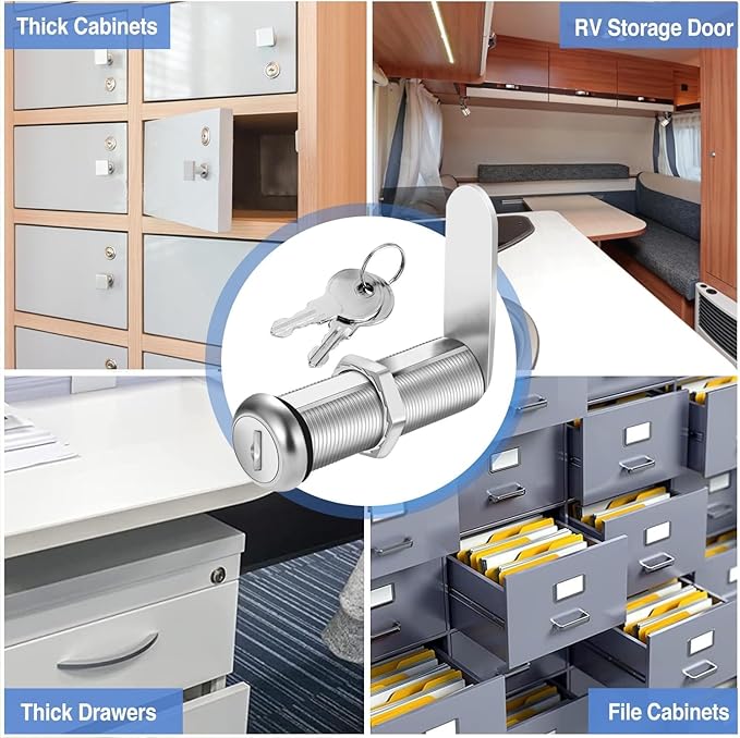 Cabinet Lock with Keys, 2" Extra-Long Cam Locks keyed Alike, Heavy Duty Cabinet Cam Lock Set for Thick Drawers Cabinets RV Storage Compartment Locks Replacement, Zinc Alloy (4 Pack, 2-1/8 Inch)