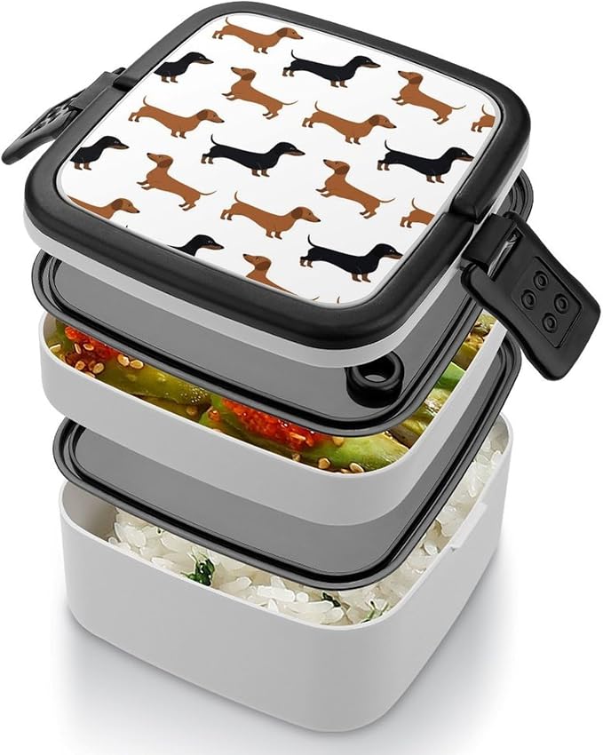 Dachshund Weiner Pet Dogs Double Layer Bento Box, 1000ml Stackable Leakproof Lunch Container with Spoon, Portable 2-Tier Food Storage Box for Office Work Picnic Camping and Travel