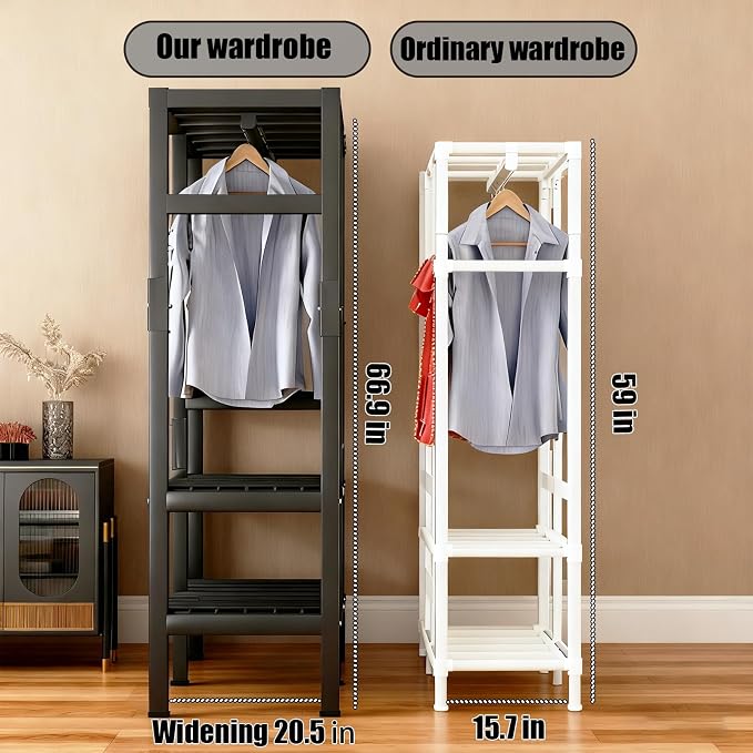 59.1in Heavy Duty Portable Closet, Foldable Wardrobe Closet with Cover, Metal Clothing Shelves for Clothes Organizers and Storage, for Bedrooms, Apartments, Rental Properties (Black, 59.1in)