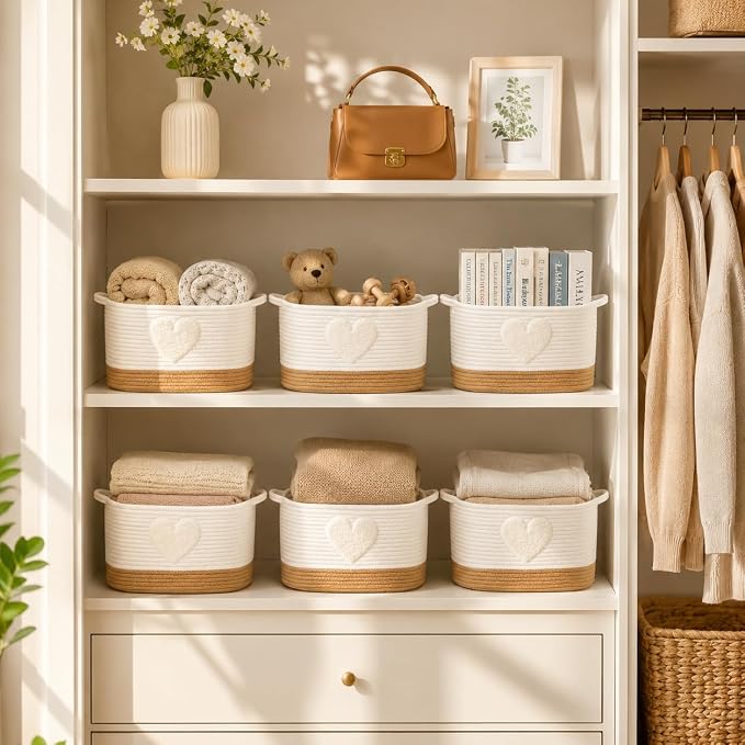 UBUSUN Storage Basket, Woven Baskets for Shelves, Heart | 3 Pack Boho Cotton Rope Storage Baskets, 14" x 9" x 8", Home Organizer for Nursery, Holds Toys, Books & Towels