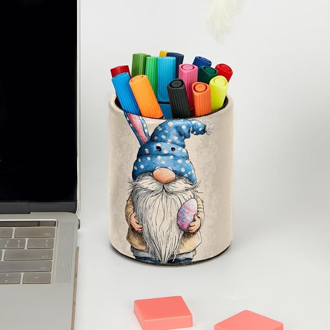 Faux Leather Pen Holder for Desk, Pencil Organizer Cute Easter Elf Pen Cup Desk Decor Makeup Brush Holder Storage for Office Home