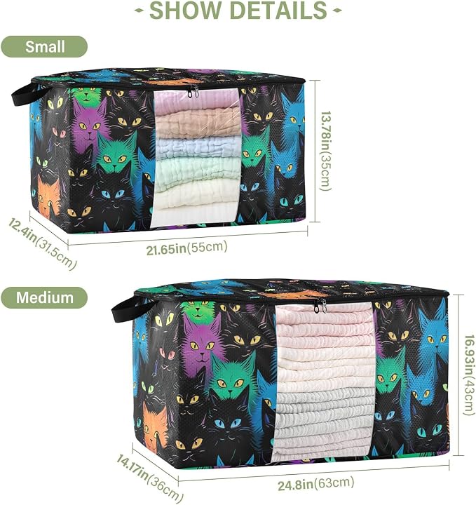 Cute Cat Black Clothes Storage Bag Bins 2 Pack Foldable Storage Containers Large Closet Organizer with Zipper Storage Cubes for Bed Sheets Comforters Clothing 95L