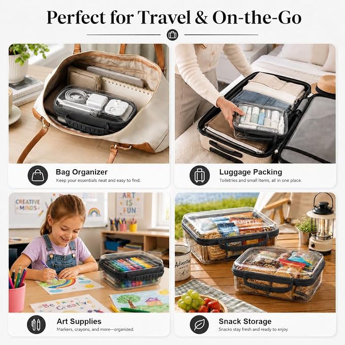Clear Hard Shell Zipper Case 3PCS Set, 1.2mm PET Travel Organizer | Deep waterproof stackable storage pouches with handle. Heavy duty clear zipper bags for travel, makeup, toys and snacks