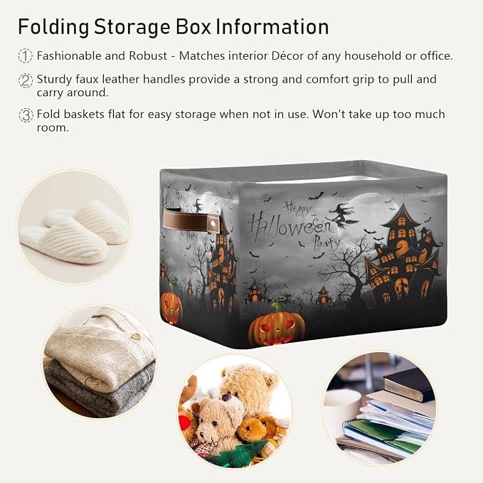 Halloween Spooky Witch Castle Storage Basket Fabric Kitchen Baskets Black Bat Ghost Pumpkin Open Home Storage Bins Boxes Foldable for Candy Toy Decorations Baskets 2 Pack 16×12×8 Inches