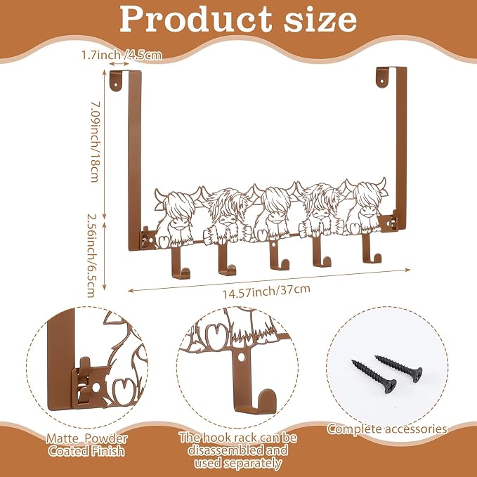 AceOrbit Highland Cow Over The Door Hooks Hanger 5 Hooks Rustic Decor | for Bedroom Bathroom, Organizes Towels Hats Clothes, Farmhouse Decor, Over the Door for Kids