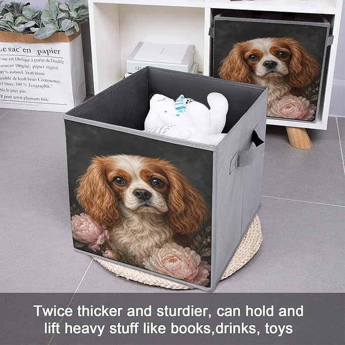 Cocker Spaniel With Peonies Storage Bin with Handles, Oxford Fabric Foldable Storage Cube Organizer for Clothes, Towels, Bedroom, Living Room, Home Organization