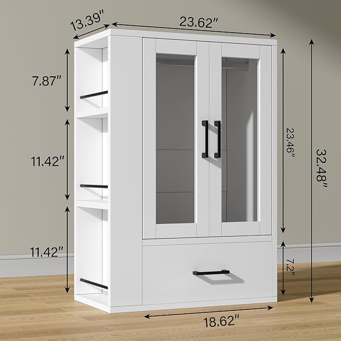 kepptory Pet Wardrobe Closet with LED Light, Side Storage Shelves & Drawer, White Pet Clothes Organizer Cabinet with Hanging Rod, Multi-Functional Pet Closet for Dogs & Cats Clothing, Toys