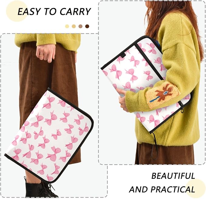 Pink Bow White Background Pattern 13 Pocket File Organizer Expanding File Folder with Front Pouch Portable Business File Storage Document Organizer Folder with Zipper