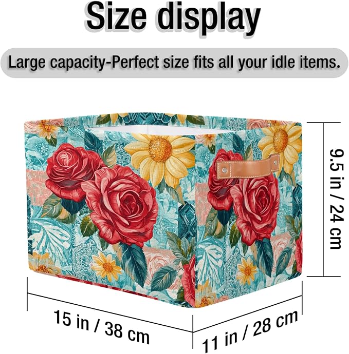 Teal Rose Floral Storage Baskets with Handles Fabric Storage Boxes Collapsible Nursery Basket for Shelf Book Cloth 15 X 11 X 9.5 IN Closet Organizer Bins
