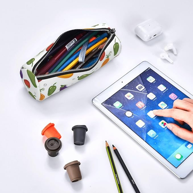 OSAM SPACE Leather Pencil Case Round Pencil Bag Colorful Vegetables Pen Organizer Holder Portable Zipper Pouch Cute School Supplies for Girls Boys Study Office