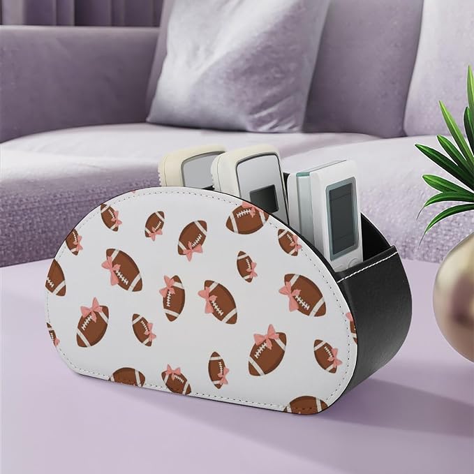 TV Remote Control Organizer Pink Bow Football White 5 Compartment Caddy Box | Pink Bow Football White, PU Leather Desk Storage Bag Fits Controller, Makeup Brushes, Media Player, Office Supplies