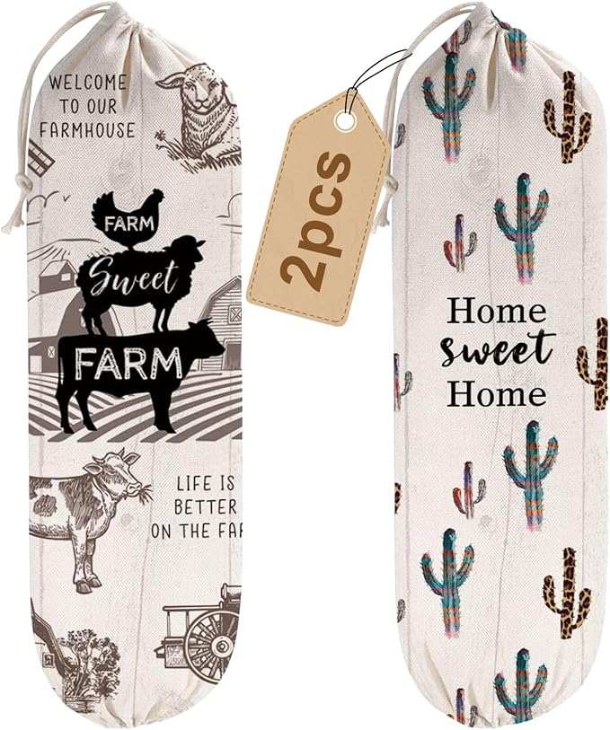2Pcs Farmhouse Plastic Bag Holder for Kitchen Essentials, Reusable Hanging Grocery Bag Organizer, Washable Large Grocery Trash Bags Storage Dispenser, Farmhouse Home Decor