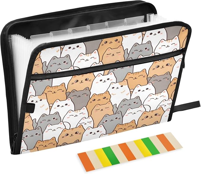 Cartoon Kitten 13 Pocket File Organizer Expanding File Folder with Front Pouch Portable Business File Storage Document Organizer Folder with Zipper