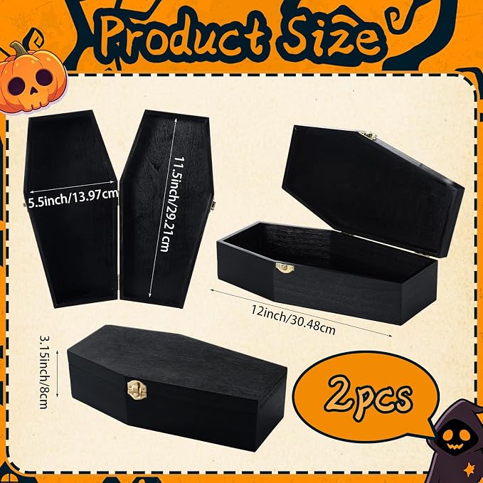 SiliFine 2 Pcs 12 Inch Halloween Coffin Box Black Painted Wood Casket Decor | Suitable Size for Halloween Decor, Fillable Hinged Jewelry Box, Party Favor, Goth Decoration, Pet Casket, Mini Black Coffin