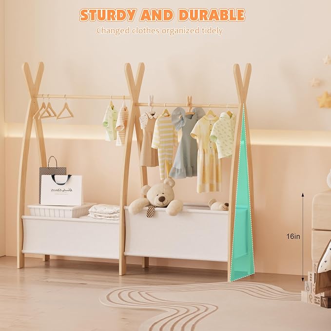 Kids Clothing Rack Dress Up Storage Closet for Girls Baby Garment Wardrobe Toddler Costume Closet with Double Hanging Rod Wood 2 Tier Bottom Storage Shelves (Double Row with Two Storage Boxes)