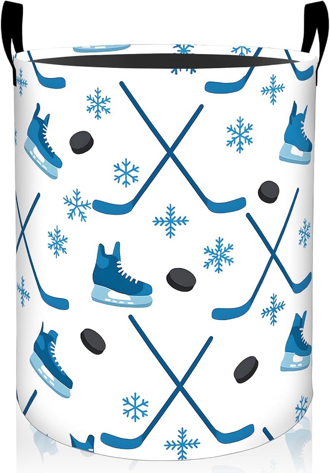 Hockey Sport Laundry Basket, Skate Puck Stick Foldable Oxford Cloth, Waterproof Dirty Clothes Hamper with Handles, Clothing Storage Bin Toy Organizer for Bedroom Dorm Bathroom, 19.7"x15.7"