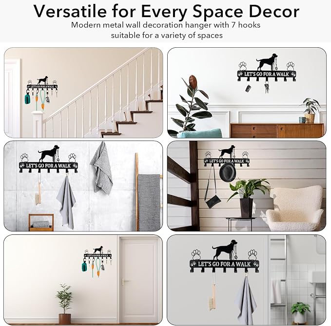 Key Holder Wall Mount & Dog Leash Holder for Wall, Metal Key Rack with 7 Hooks for Entryway/Hallway/Kitchen Decor, Dog Paws Design Wall Organizer with Screw Anchors