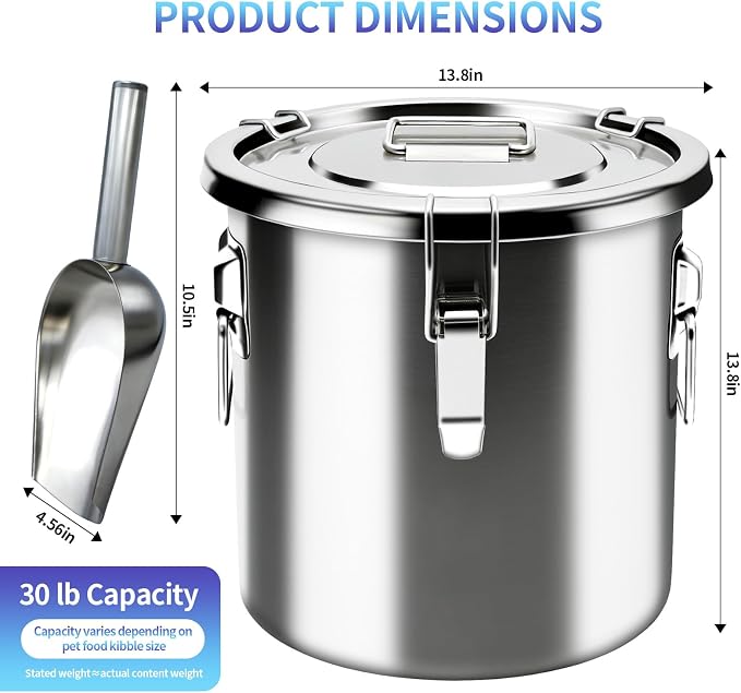 30 lb Stainless Steel Dog Food Storage Container, Airtight Metal Pet Food Storage Bin with Lid and Scoop, Large Dog Food Container for Dry Food, Keep Fresh, Easy to Clean