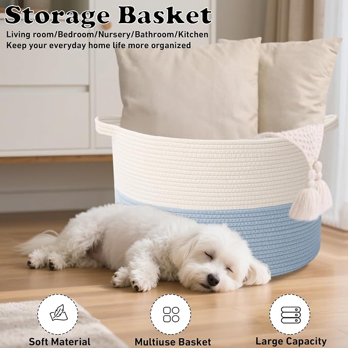65L Extra Large Woven Blanket Basket, Laundry Basket-White&Blue | Collapsible, reinforced handles, nursery storage bin organizes clothes, toys and pillows for living room, bedroom bathroom