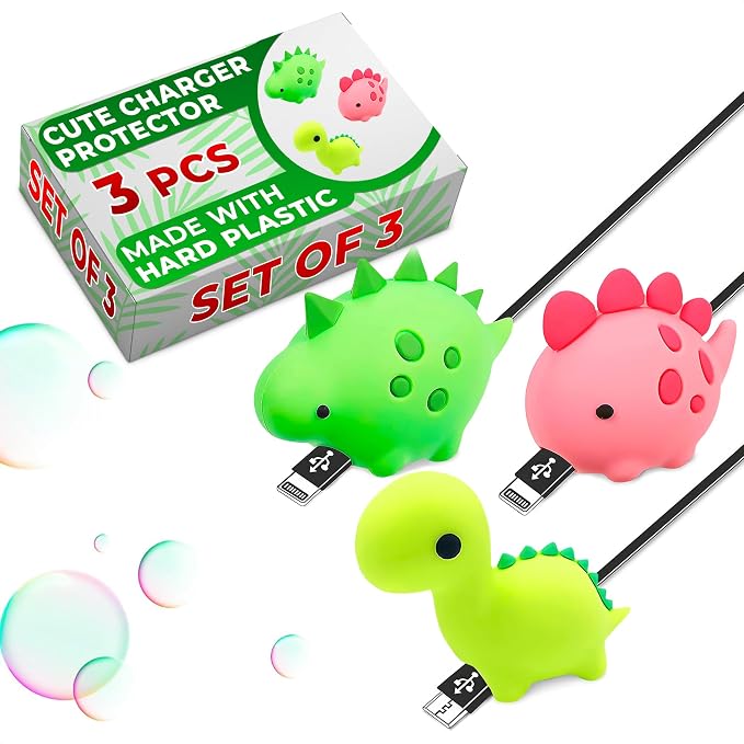 Phone Charger Protector Cute Set of 3, Dinosaur Shape (Green & Pink)