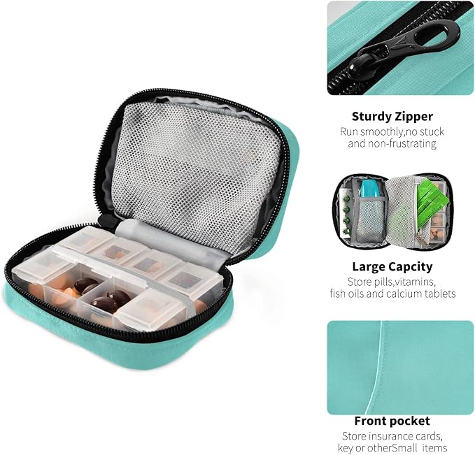 Travel Pill Case 7 Day Pill Organizer Turquoise Pill Case Portable Weekly Pill Box Bag Container Vitamin Supplement Holder with Zipper for Family Business