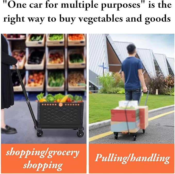 Foldable Utility Cart Collapsible Crate Rolling Carts with Wheels, Hand Truck Storage Box with Telescoping Handle, Folding Shopping cart with Wheels for Office Shopping Camping Travel Moving
