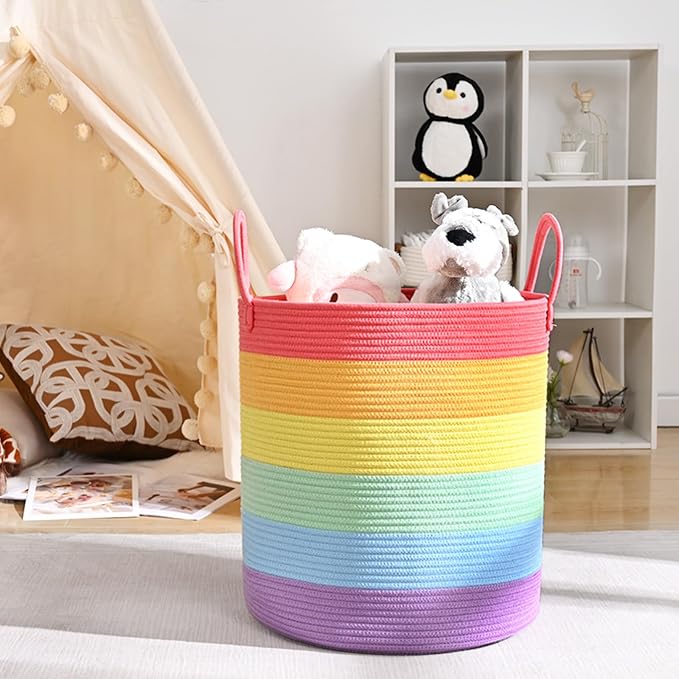 Laundry Hamper for Organizing, 52L Large Laundry Baskets, Cotton Rope Woven Blanket Basket, Collapsible Laundry Hamper for Living Room, Nursery, 15"×18", Rainbow