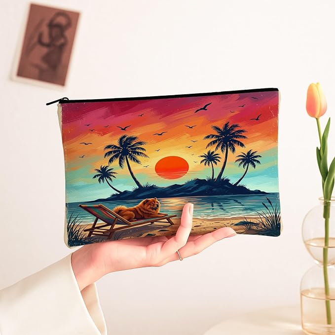 Chow Chow Dog Makeup Bag, Retro Coastal Beach Palm Tree Cosmetic Travel Pouch for Women Girls, Pet Portable Small Canvas Zipper Organizer 7x9 Inch