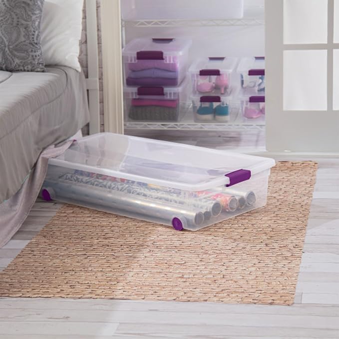 Sterilite 12-Pack ClearView Latch Box, Wheeled Underbed Organizer Bins for Home, 60 Quart | Clear Plastic Organizer Bins with Color Accent Latches and Wheels for Closet, Home Bedroom and Dorm Room