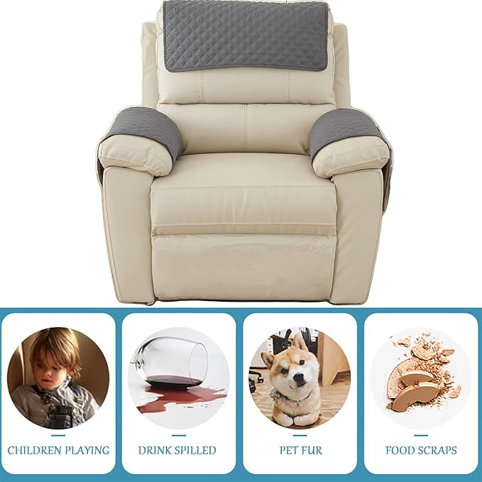 Water-Resistant Sofa Armrest and Headrest Covers, 2 Pockets | Quilted polyester helps shield recliners, loveseats and sofas from daily wear; silicone backing and fasteners improve grip