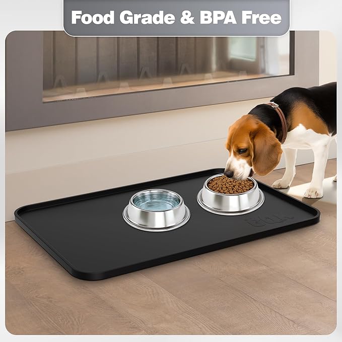 Silicone Dog Food Mat, Waterproof Anti-Slip Pet Feeding Mat with Warped Resistant Raised Edge,Spill-Proof Lip Floor Protection,Dishwasher-Safe Pet Placemat for Dogs & Cats(M 20" x 14" Black)